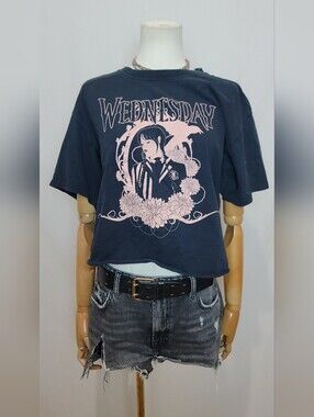 Wednesday Addams Cropped Graphic Crop Tee in Black & Pale Pink, Size Large